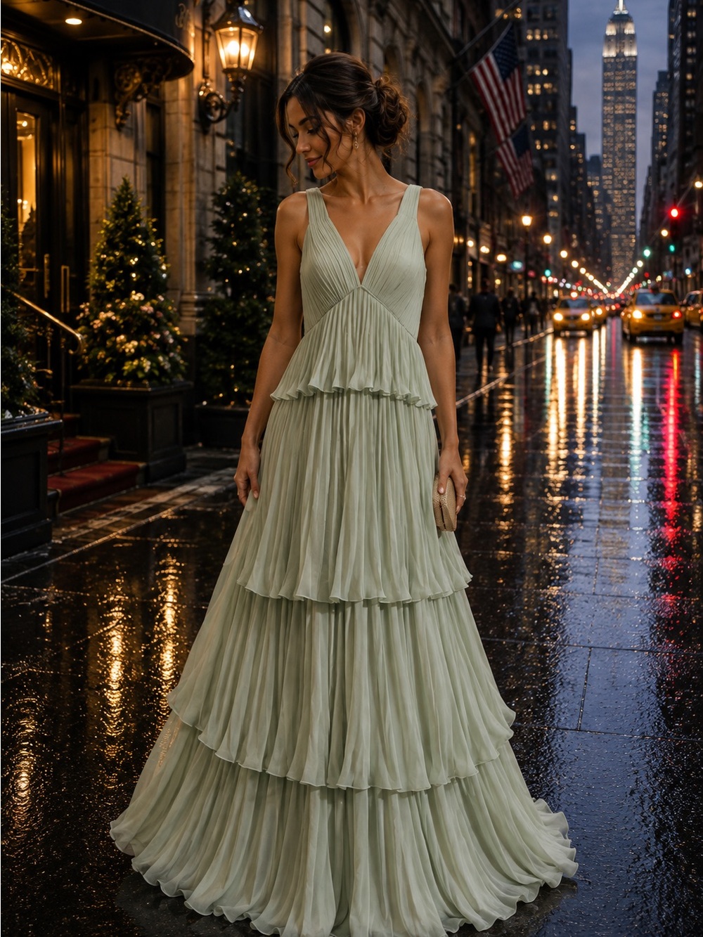 Elegant Sage Tiered Chiffon V-Neck Evening Dress